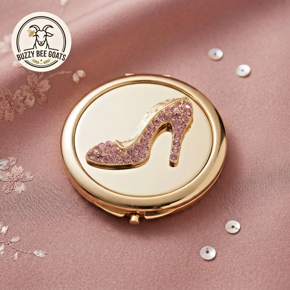 Monet Jewelry Metal Compact Mirror – Pink Crystal High Heel Design, 2.75